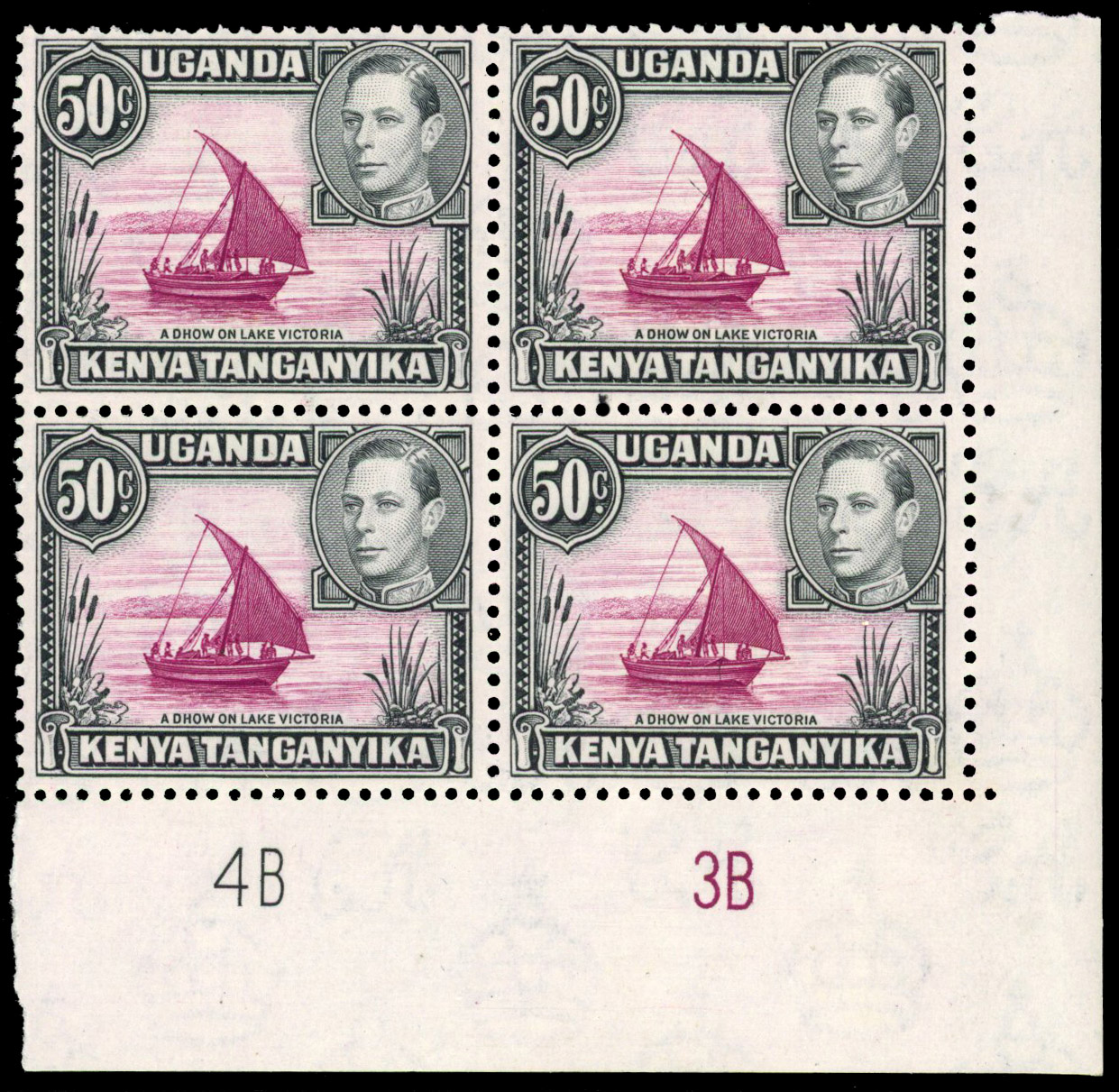 1949-54 50c perf 13 x 12½ Plate 4B-3B block of four, fresh o.g., hinged on R9/9 only (this stamp with slightly short...