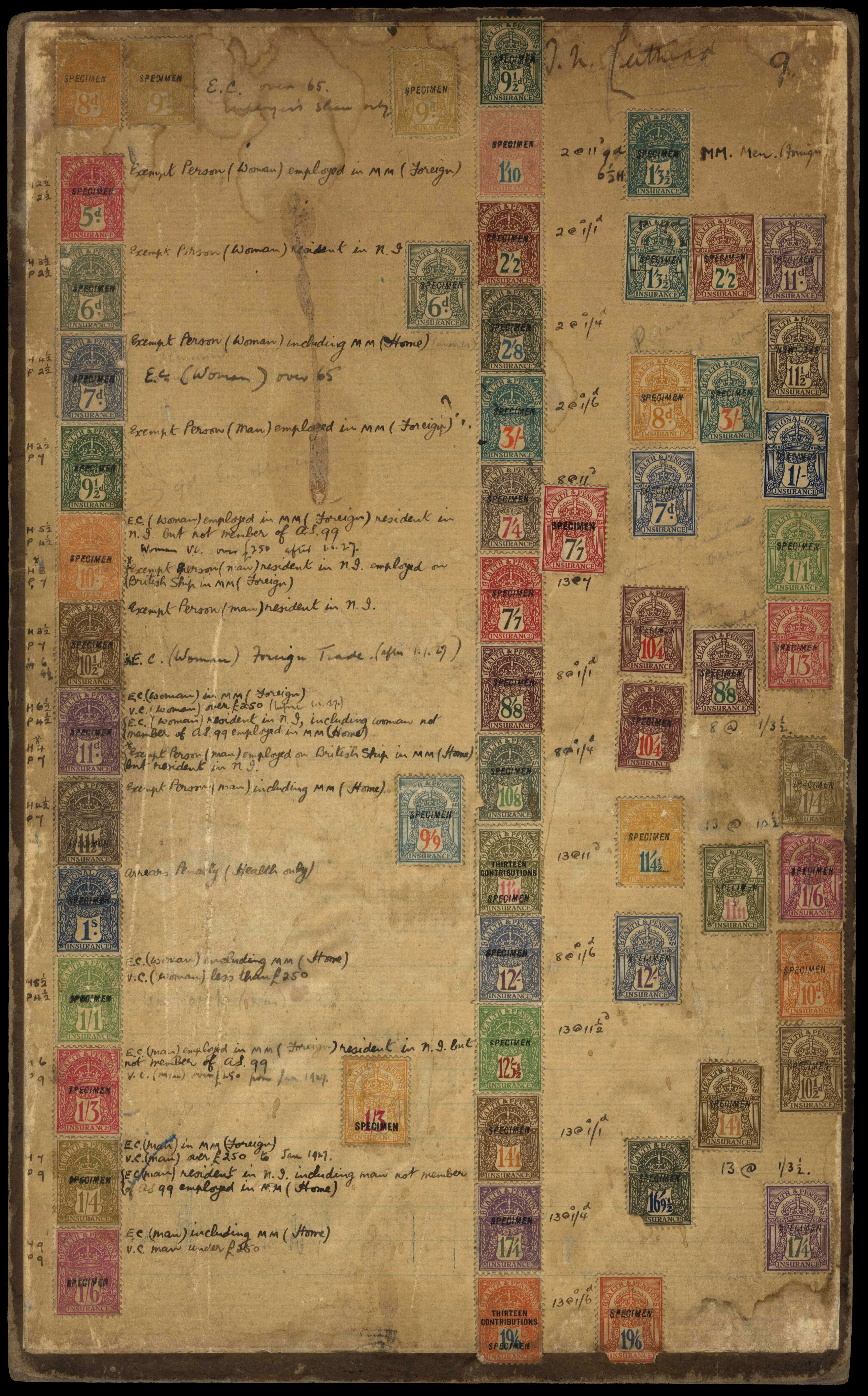 GB Health and Pensions Insurance.  1925-c1929 56 stamps, stuck down to a piece of heavy board