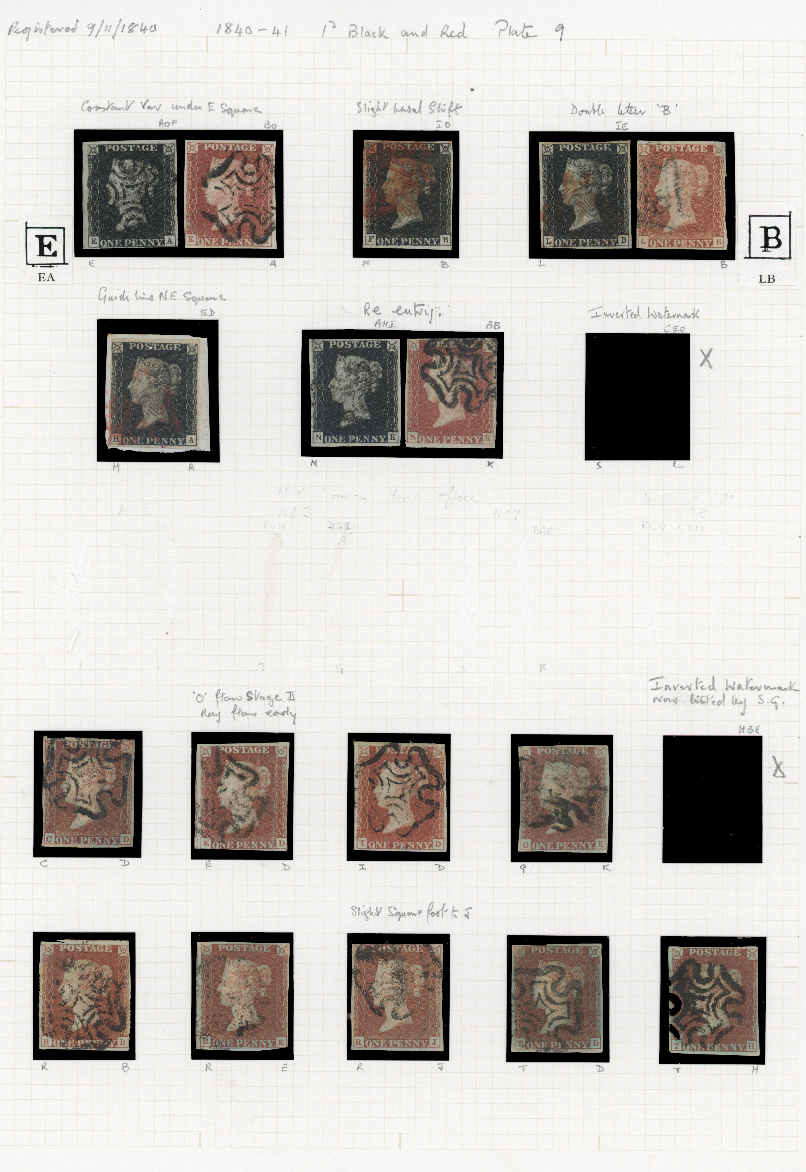 1840 1d Black Pl.9. Interesting group of seventeen used adhesives from plate 9