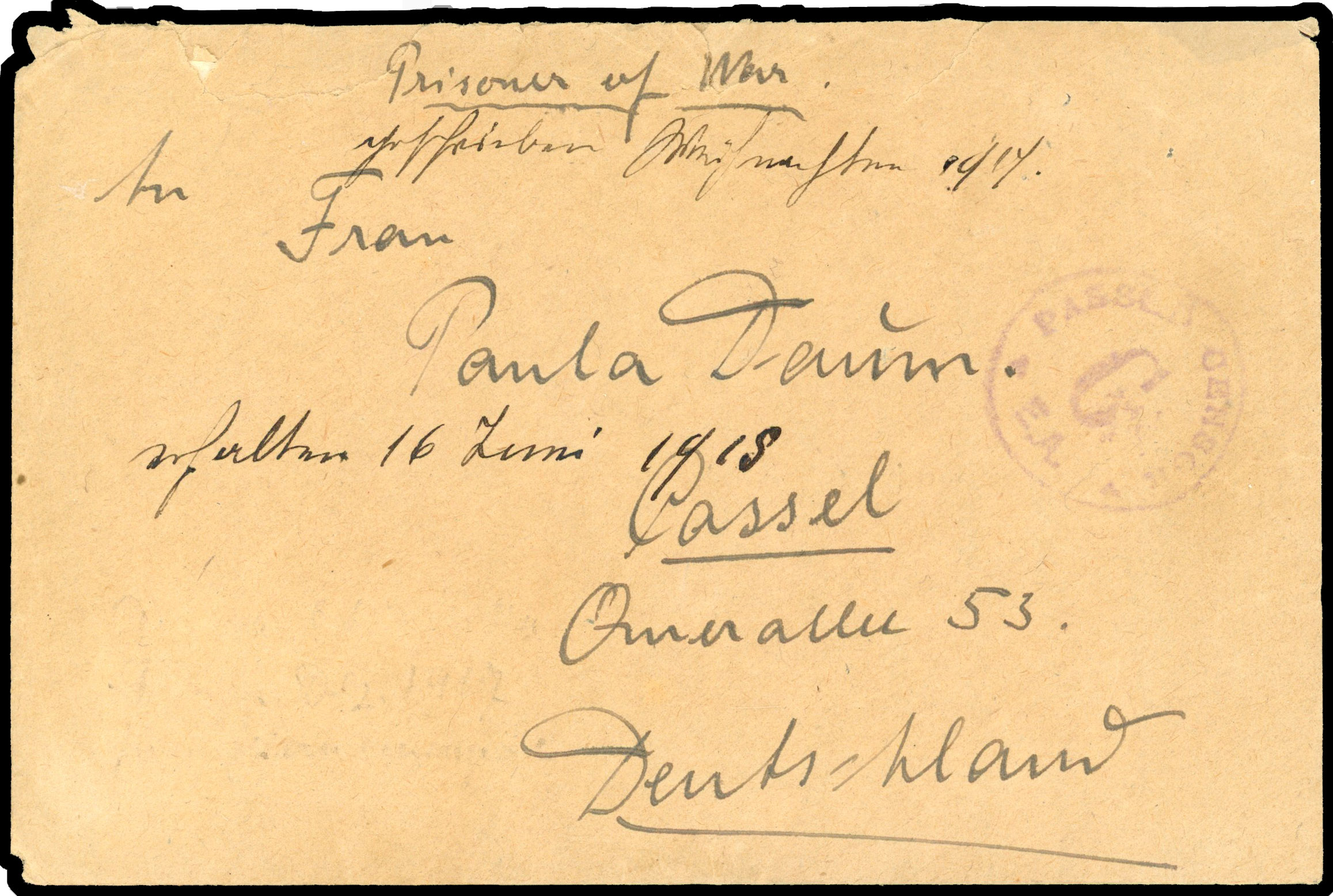TANGANYIKA: 1917 stampless censored cover from a German PoW, in Tanga Camp to to Germany. Manuscript “Prisoner of War”