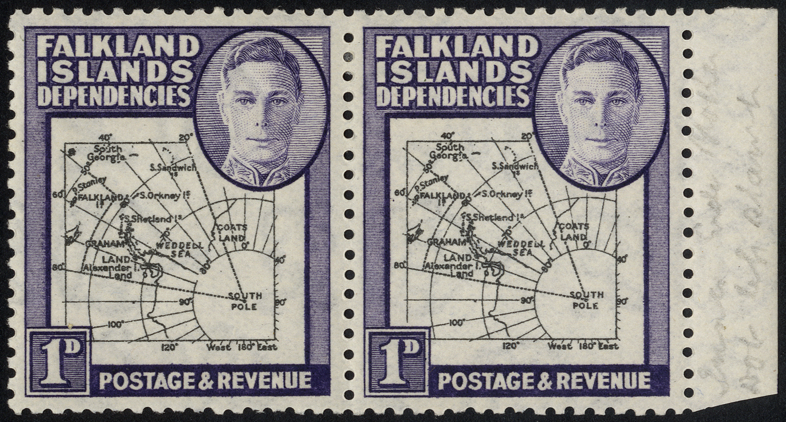 1946 1d Thick Map mint marginal pair, left stamp with Plate 1 R3/9 extra island. Hinged area rather extensive and perfs at...