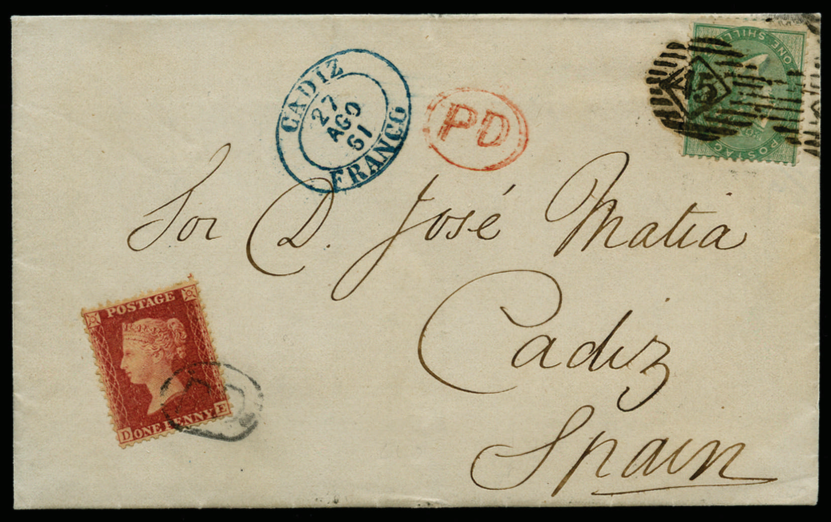 SG40,72 1861 Overseas late fee mail to Spain