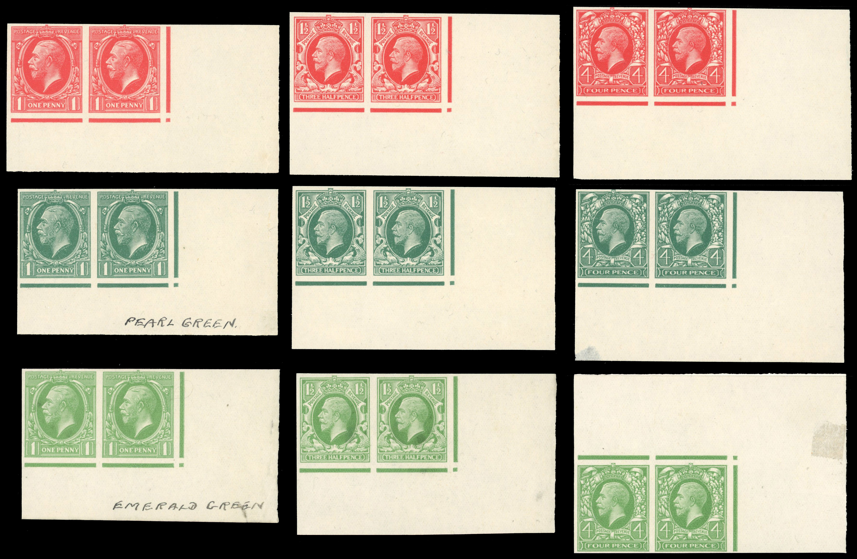 GB 1934 1d, 1½d and 4d Photogravure colour trials SG 440/445