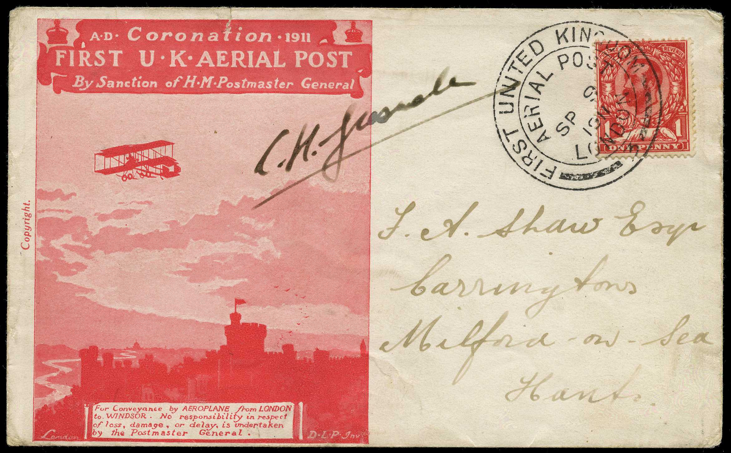 1911 FIRST U.K. AERIAL POST: Postcard in red...