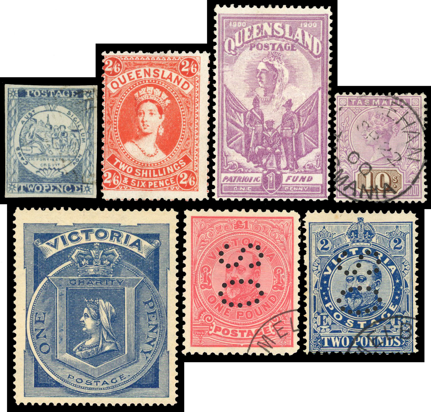 STATES: on stock card Queensland 1886 2s6d vermilion, 1900 1d (6d) Patriotic Fund mint, Tasmania 1892 10s used, Victoria
