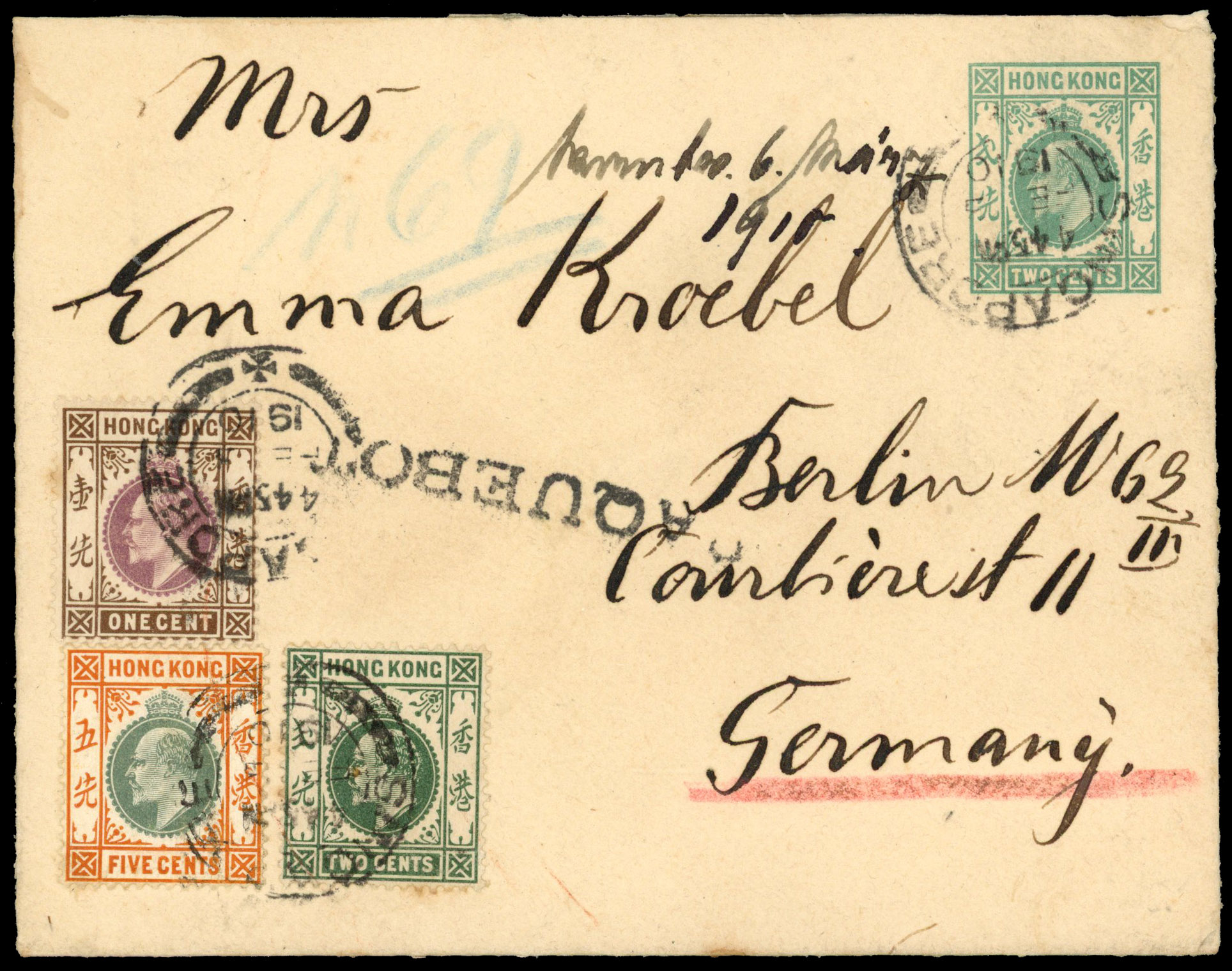 1910 (Feb.) Hong Kong 2c stationery Paquebot envelope from Singapore to Germany