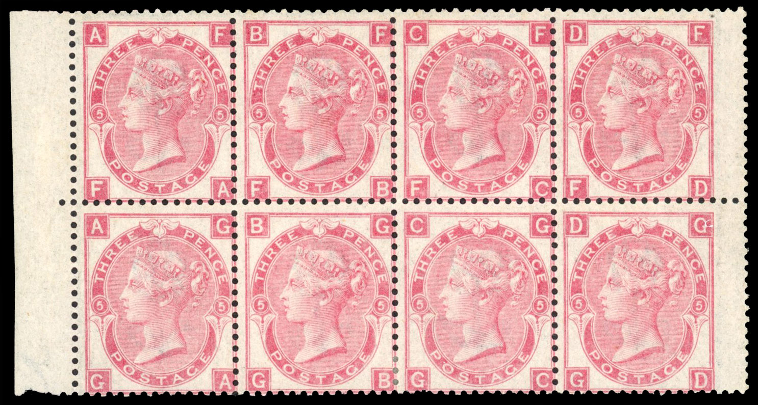 SG 103 1868 3d rose Plate 5 block of 8 mint