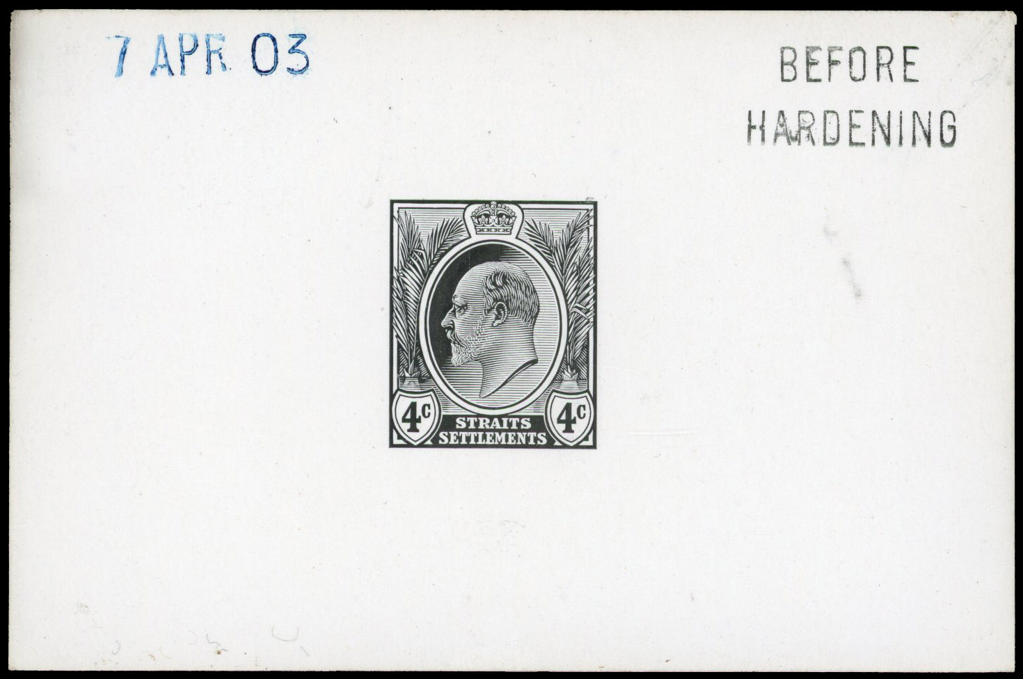 Straits Settlements 1903 4c die proof in black BEFORE HARDENING