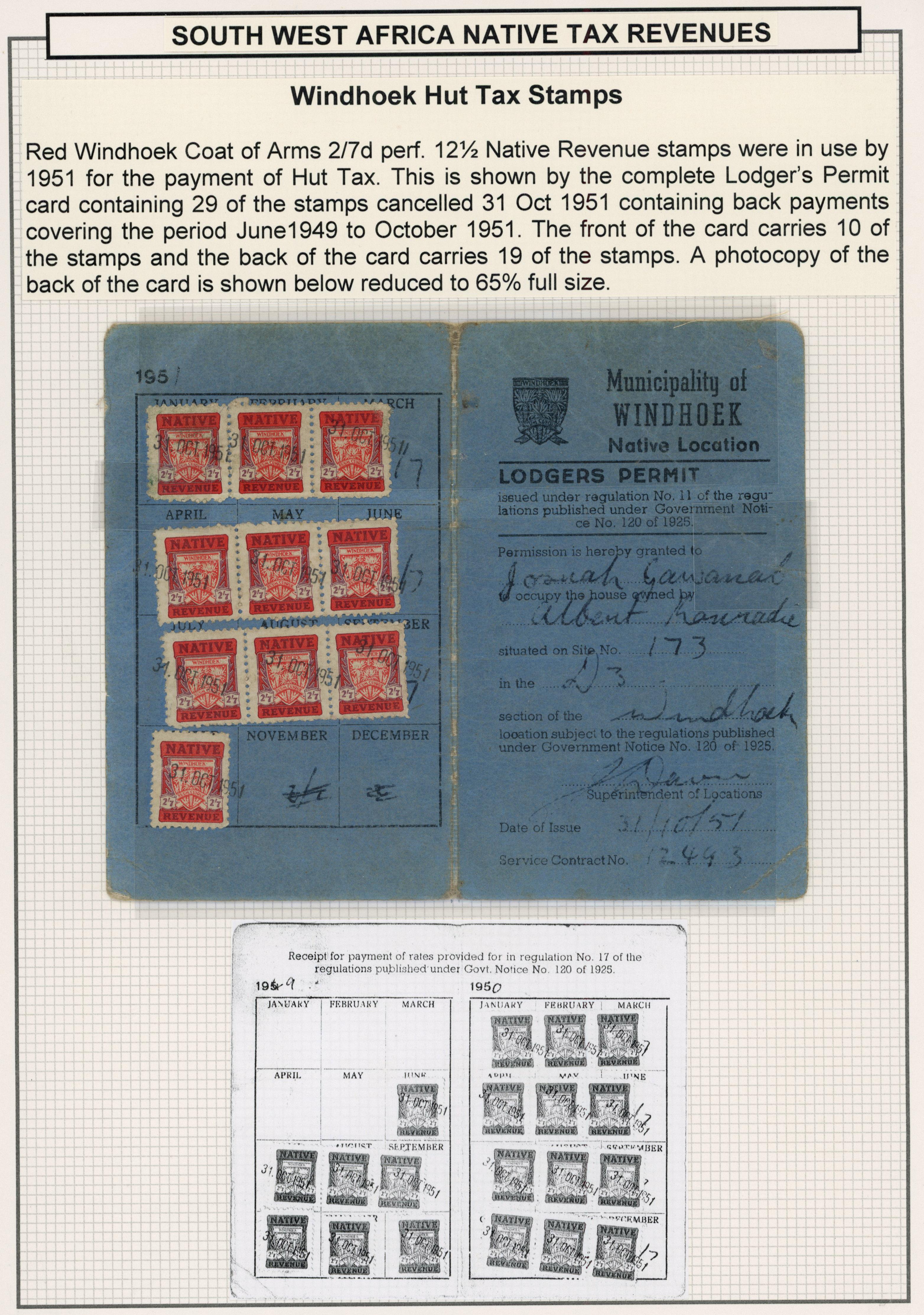 South West Africa. Windhoek Hut Tax. 1949-1951 Lodger's Permit card