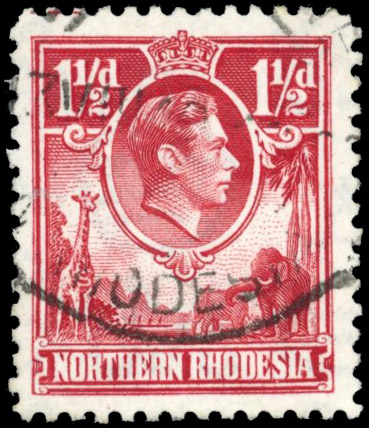 Northern Rhodesia SG 29b 1938 1½d red with R7/1 'tickbird' used