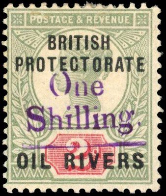 Niger Coast, Oil Rivers Protectorate 1893 1s on 2d handstamped Type 11 in violet, mint, o.g, SG 37, £550.