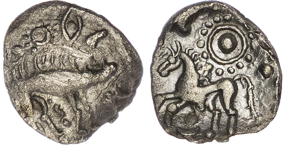 Corieltauvi, Uninscribed (c. 55-45 BC) AR Unit, ‘Sun and Moon Proto Boar’ type, 0.94g.