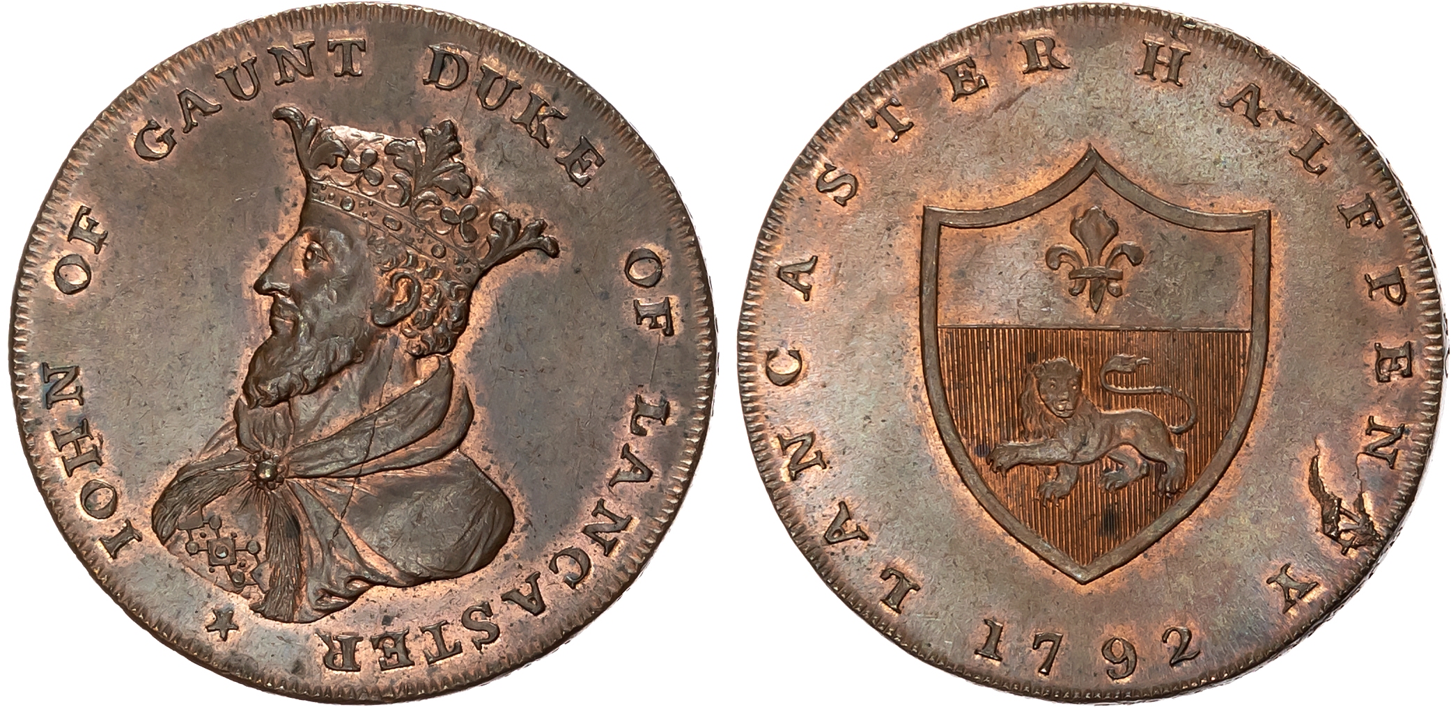 Lancs . Lancaster , Thomas Worswick & Sons (silversmith & jeweller) Halfpenny 1792, Bust left of John of Gaunt, rev. Arm …