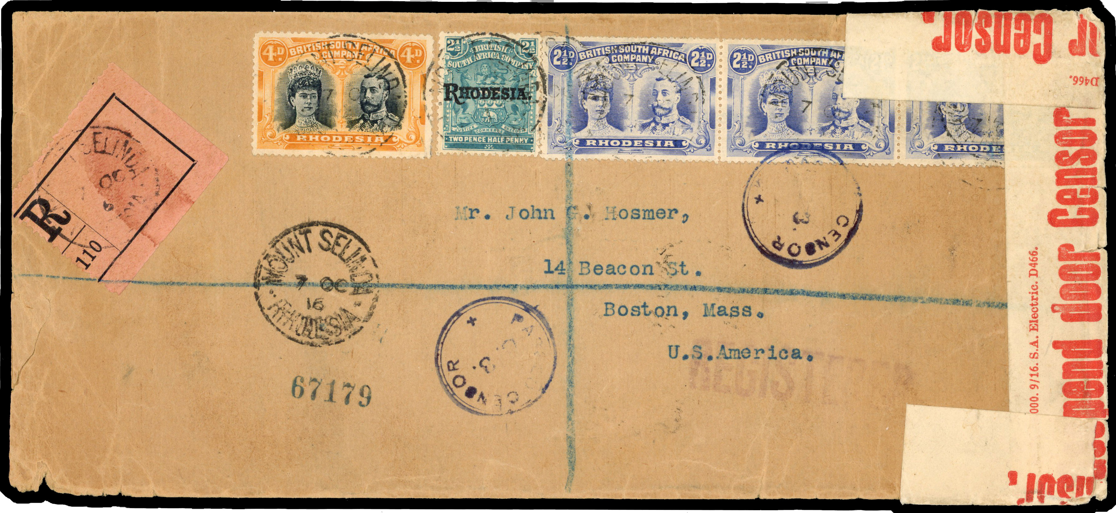 Rhodesia 1916 registered cover from Mount Selinda to Boston