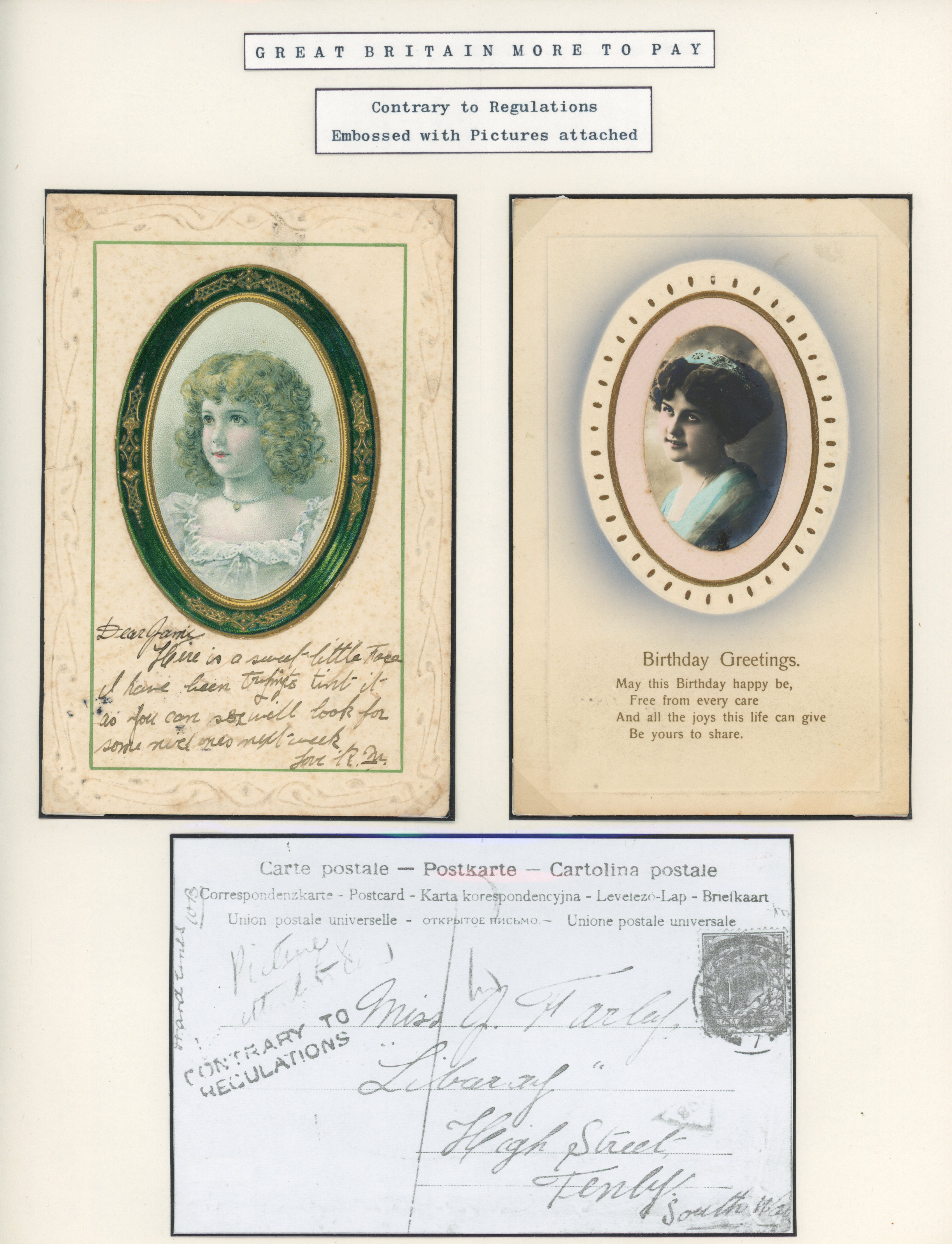 Great Britain 1903-15 pair of novelty postcards with embossing and images attached