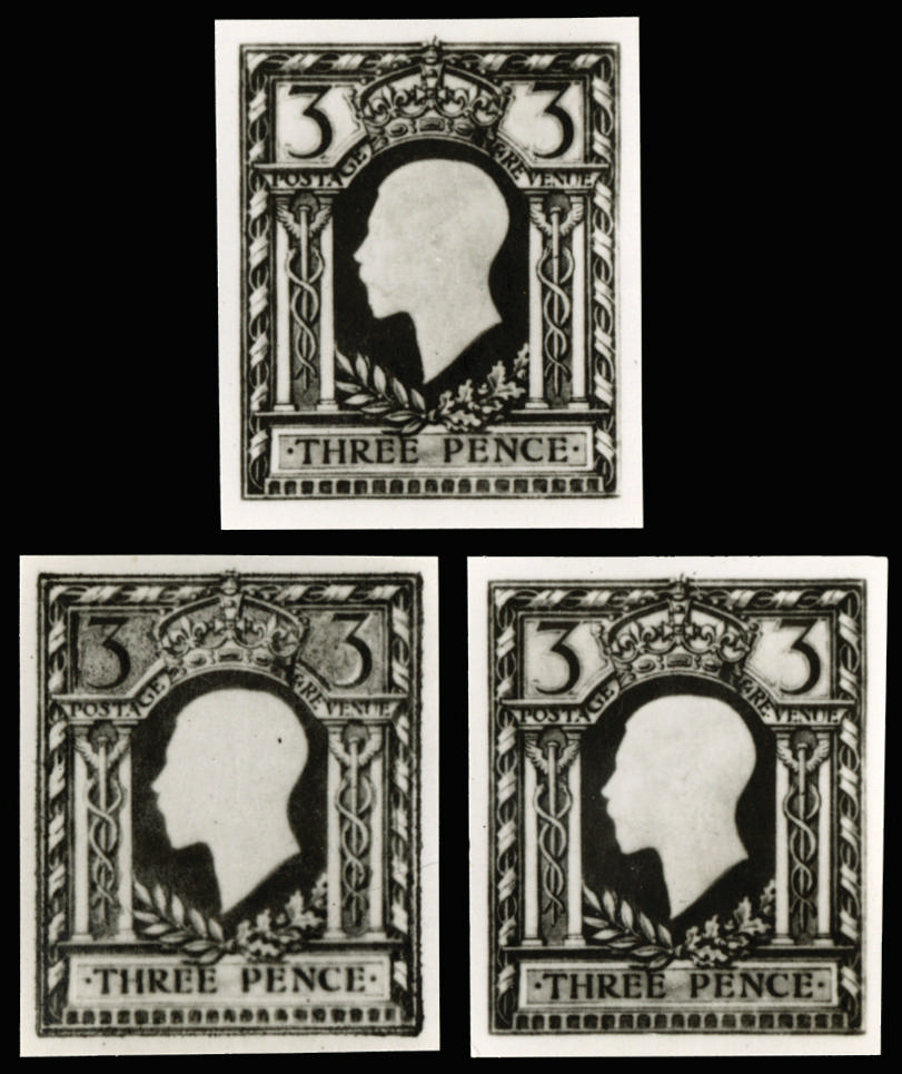 Great Britain 1910-11 3d Bromide sketch essays. Three bromide proofs on photographic paper of Mr. Eves original un…