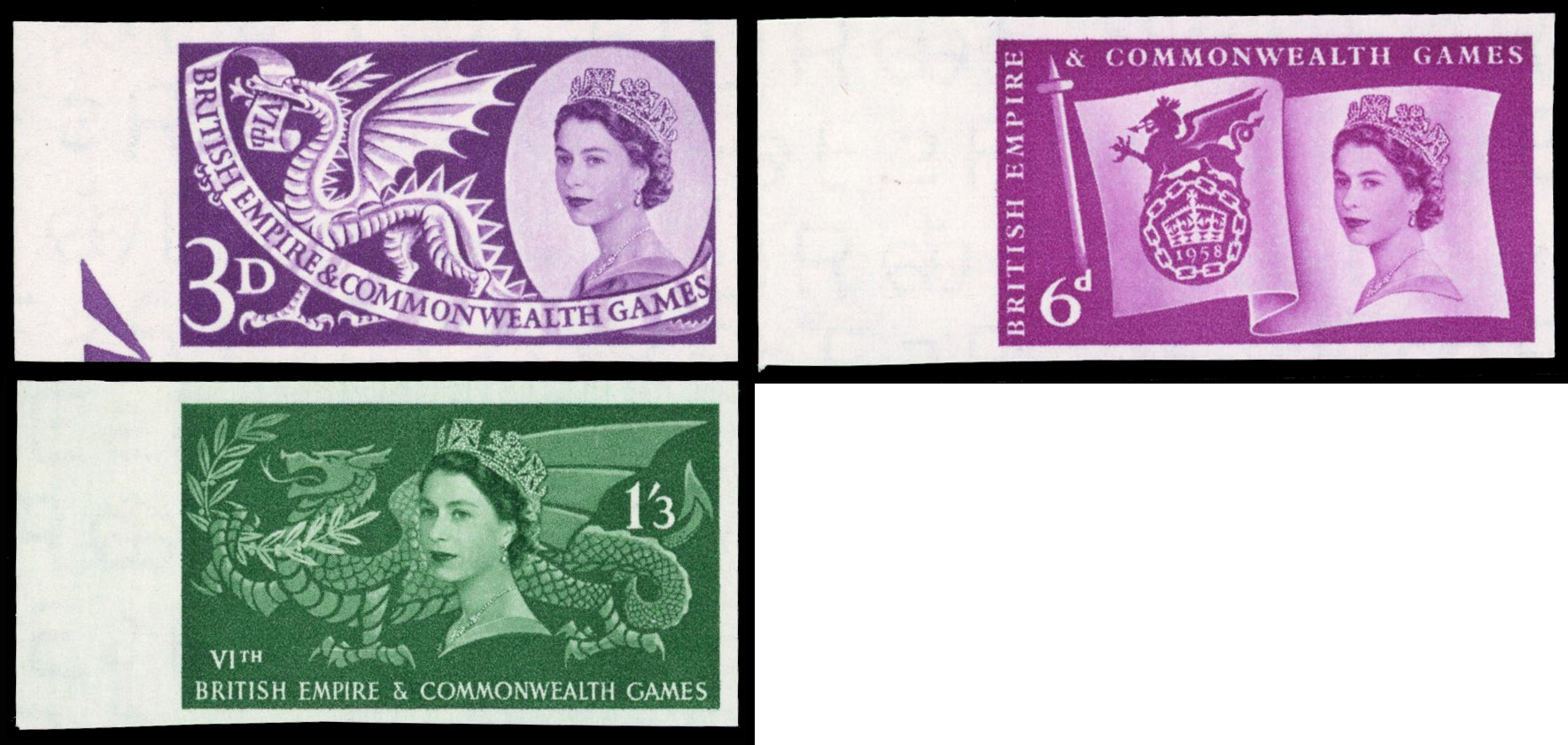 Great Britain 1958 3d-1s3d Sixth British Empire and Commonwealth Games, Set of Three, BPMA Imprimatur, SG 567/9