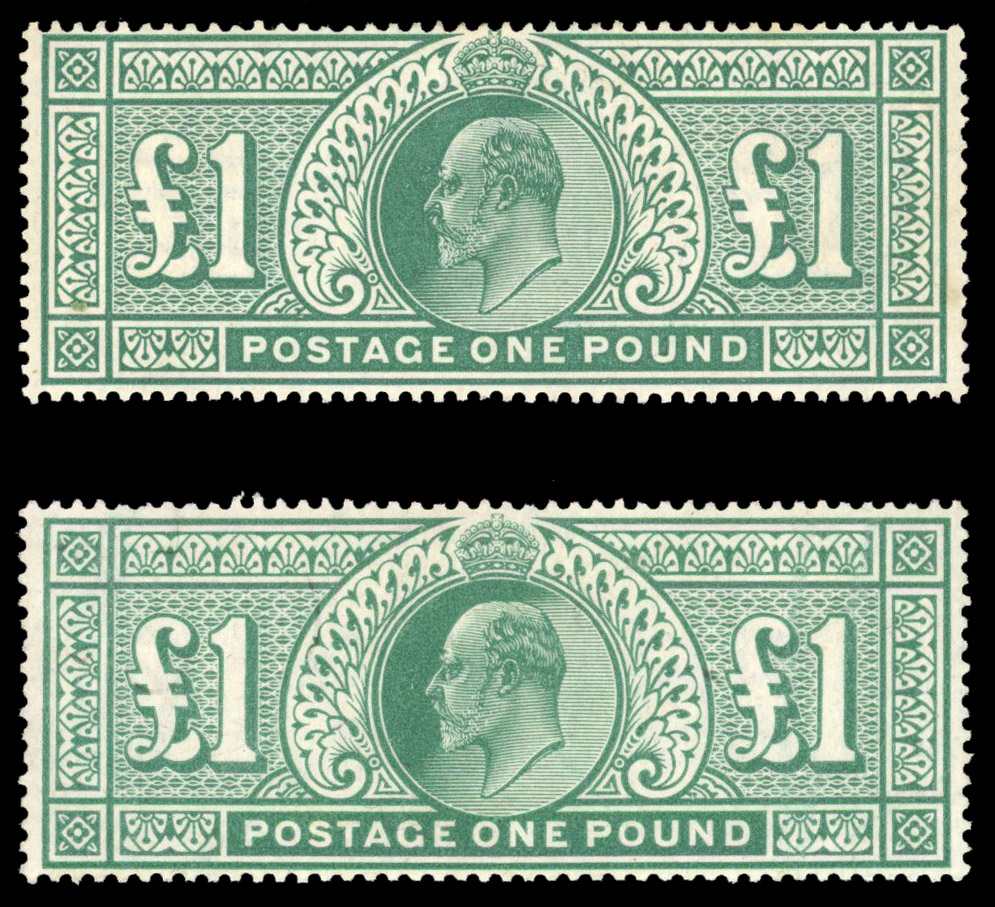 1902-10 DLR £1 dull blue-green, two examples with large part og