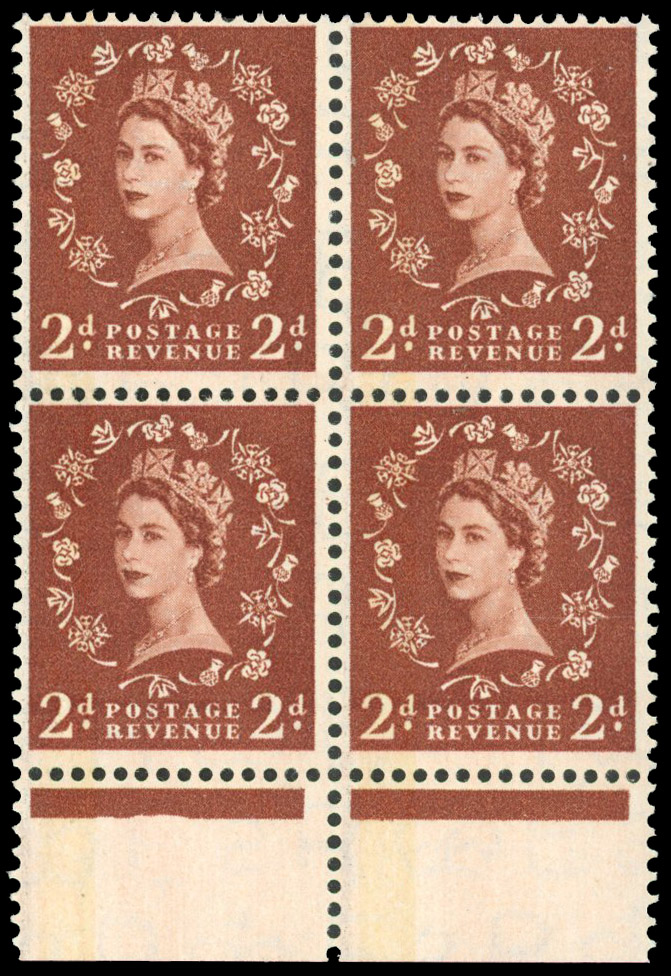 GB 1959 Phosphor-graphite 2d light red-brown (one phosphor band), lower marginal unmounted mint block of four