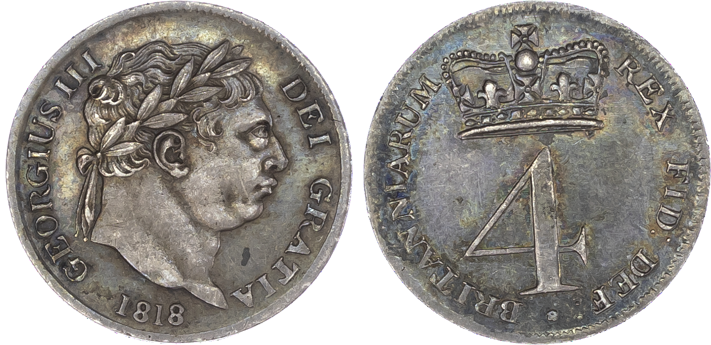 George III (1760-1820), Maundy Set, 1818, old head laureate bust with long truncation, date below, Fourpence, Threepence,