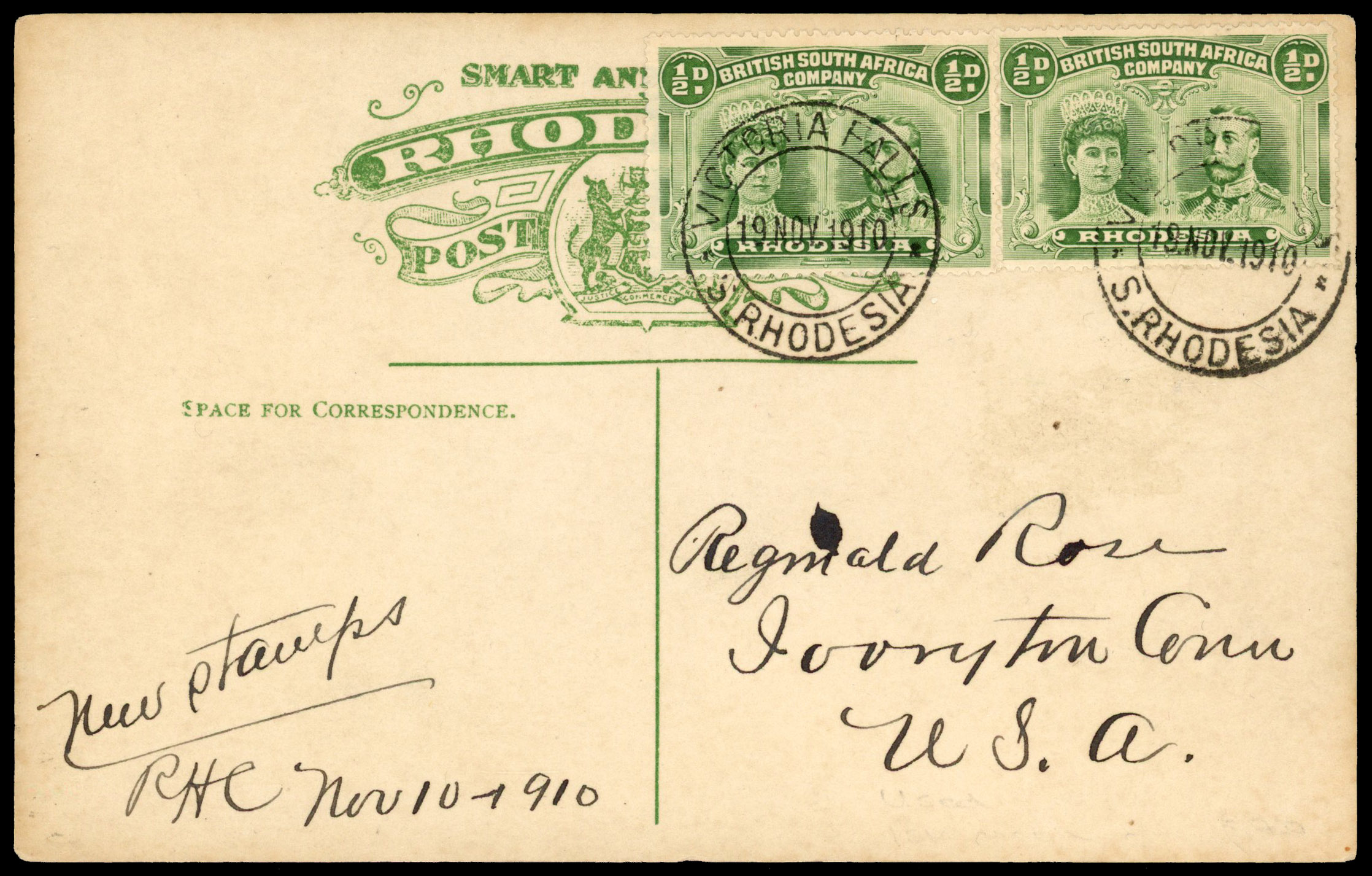 Rhodesia 1910 ppc from Victoria Falls to USA