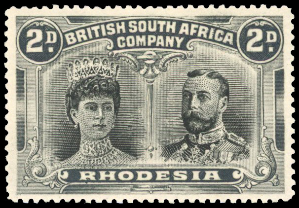Rhodesia 1910-13 2d perf 15 variety Three dots around Queen