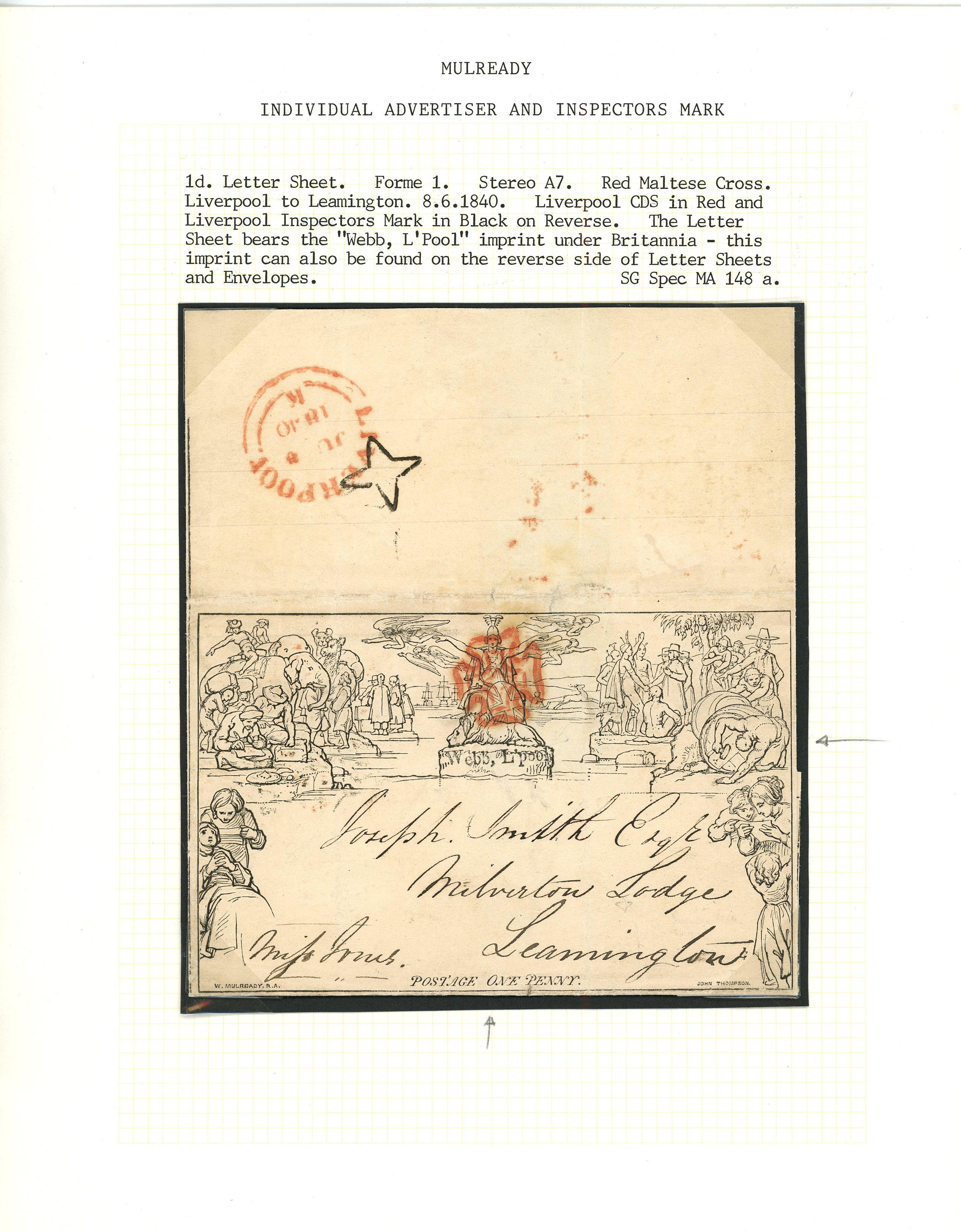 1840 1d black Mulready letter sheet, stereo A7, forme 1, Liverpool to Leamington, bearing "Webb, L'pool"...
