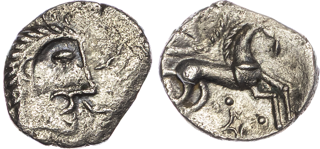 Iceni (c. 20 BC-AD 10) AR Unit, ‘Norfolk God Moustache’ type, 0.95g.