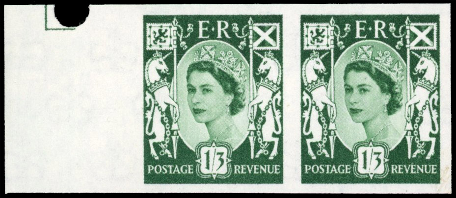 Great Britain 1958 1s3d Green, Horizontal Pair, BPMA Imprimatur, SG S5