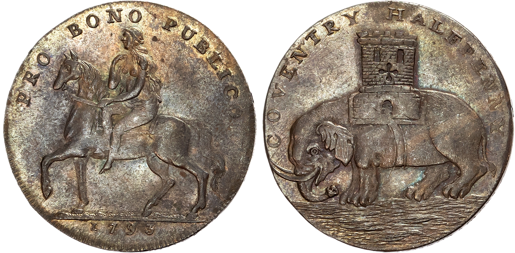 Warks.  Coventry , Contemporary counterfeit of Robert Reynolds & Co. Halfpenny 1793, Lady Godiva on horse, rev. Coventry …