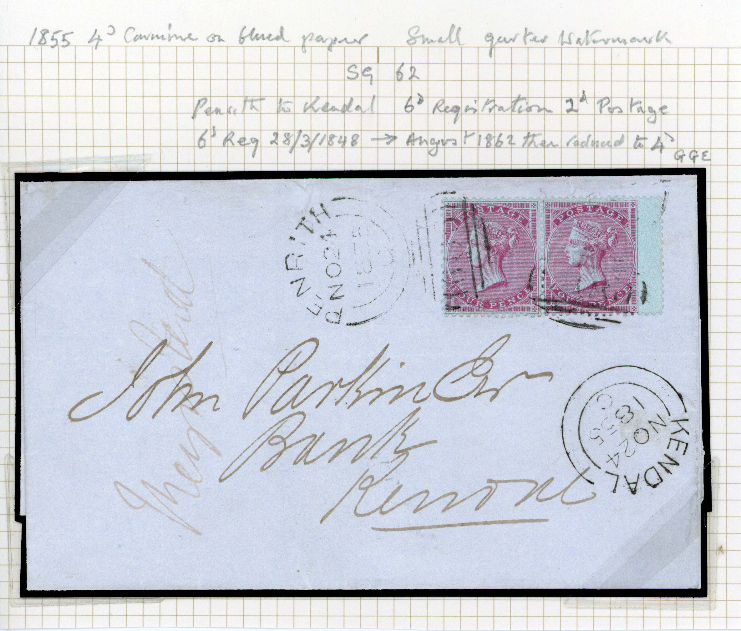 1855 Registered mail. Very fine registered cover from Penrith to Kendal