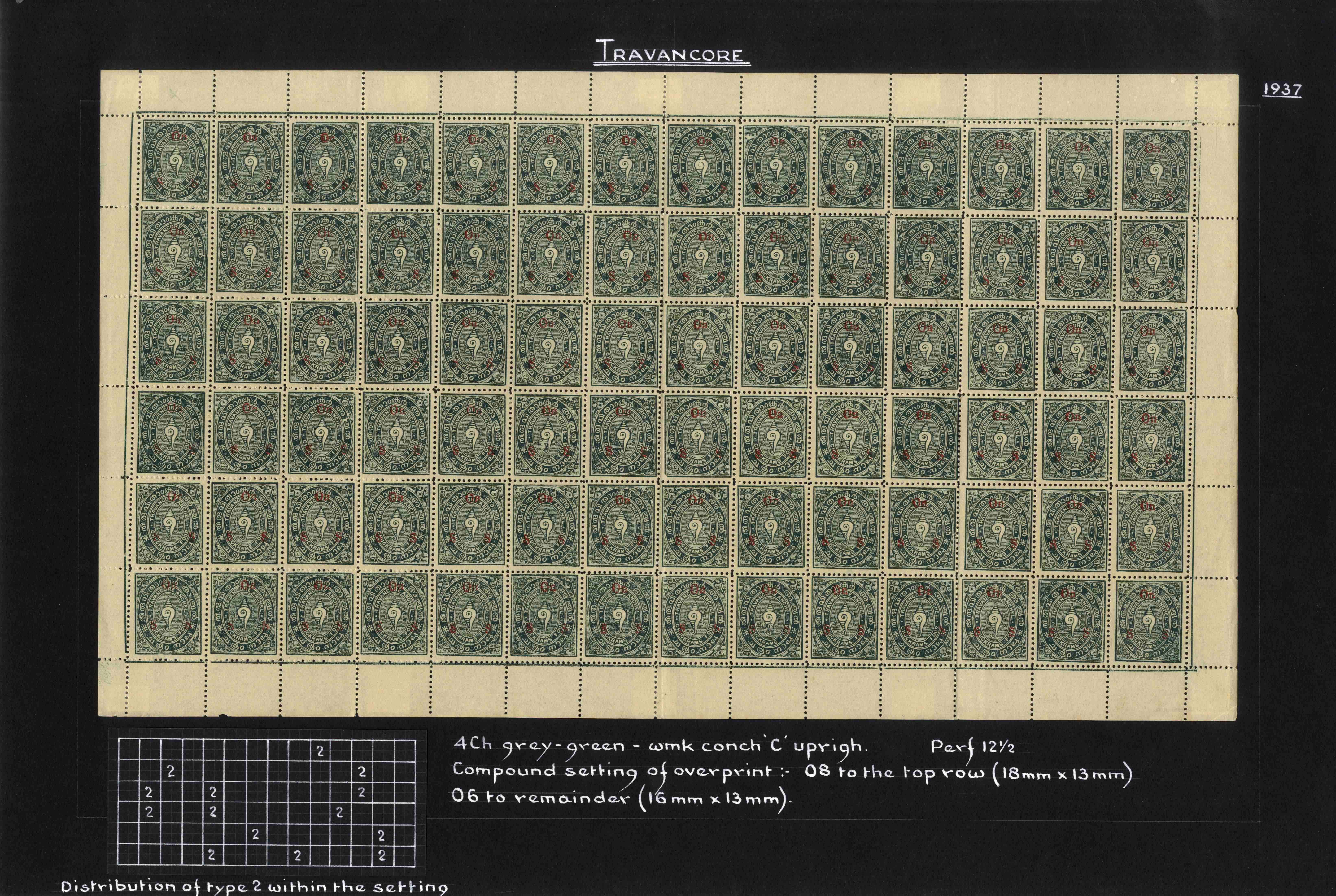 I.F.S. Travancore SG O69Aa/Ba 1937 Official 4ch sheet unused