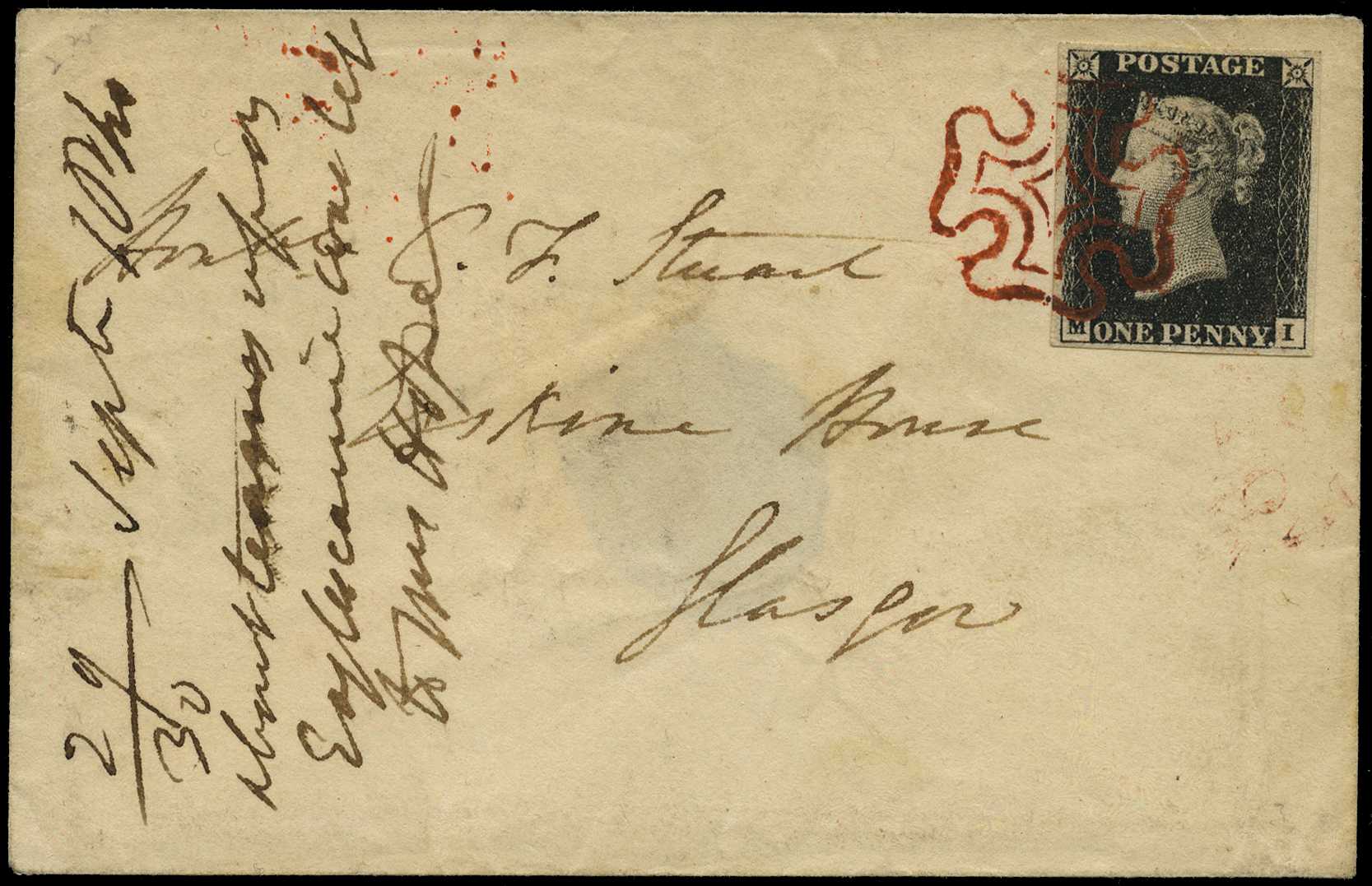 1840 1d black plate 4 (MI) 4 margins, tied...