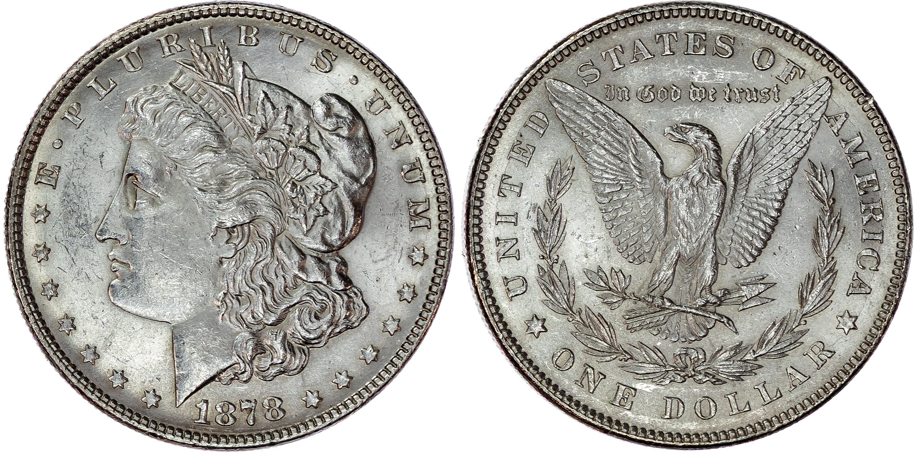 USA , silver Morgan Dollar, 1878, 7 over 8 tail feathers variety, Philadelphia, 26.81g (KM 110). About Uncircu…