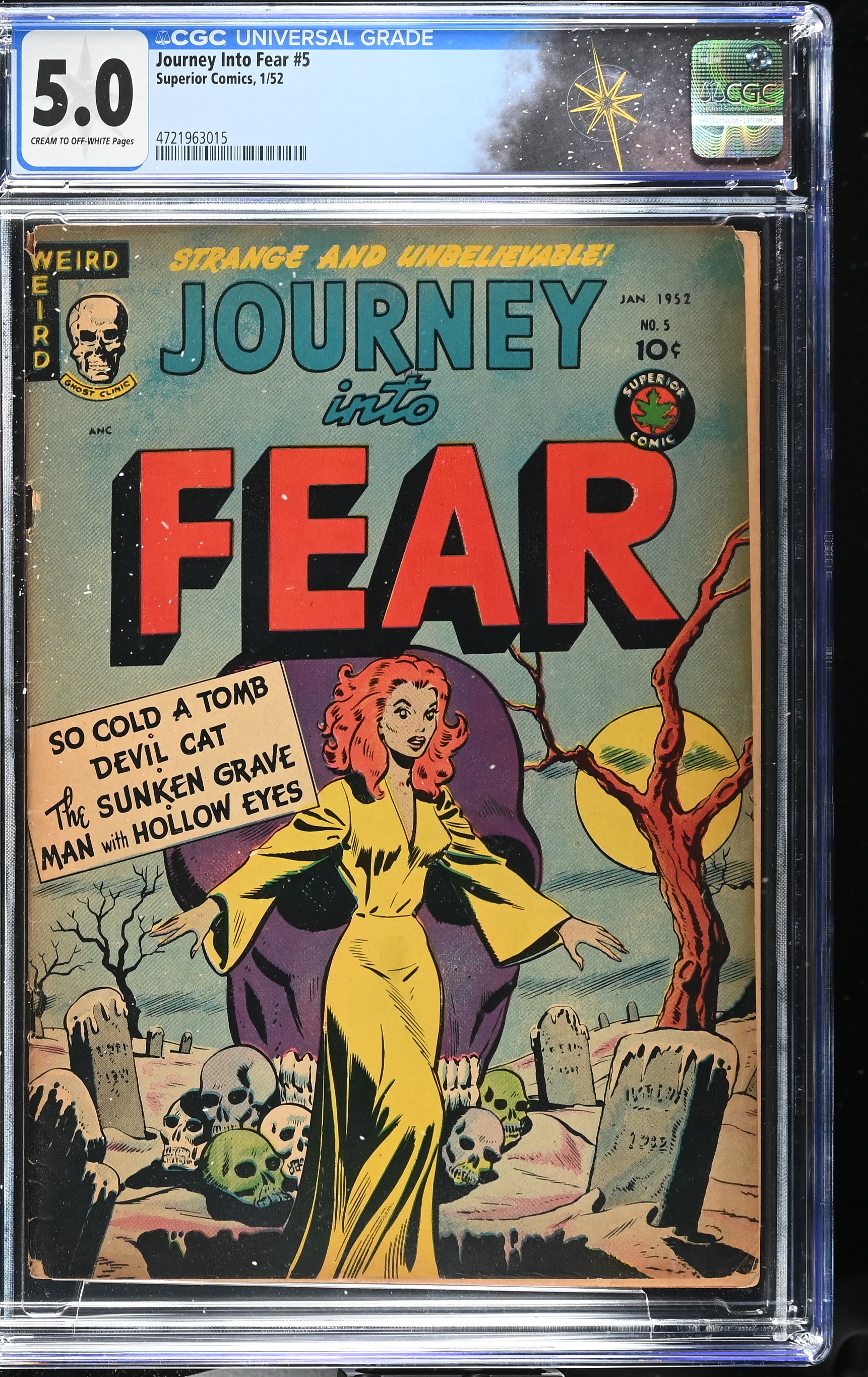 Journey Into Fear #5 CGC 5.0 Skull Cover, Comic Featured in SOTI (Superior Comics, 1952) Cream to Off-White Pages