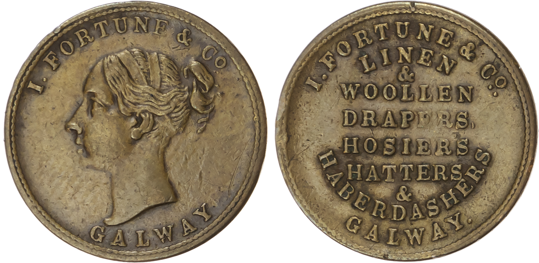Galway, I Fortune (linen & woollen draper, hatter), farthing (1850s), eight-line legend/head of Victoria l., 2…