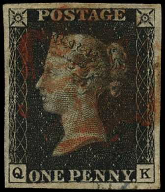 1840 1d black, plate 5 (QK) 4 margins, light...