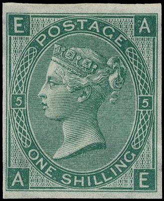 1865 1s Green Pl.5 (Wmk. Emblems). Very fine unused o.g. imperforate imprimatur lettered AE. Scarce; one of only 22 possi…