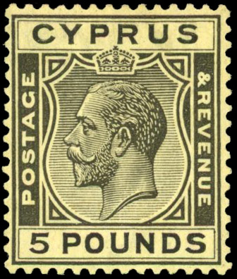 Cyprus SG 117a 1924 £5 black on yellow paper mint