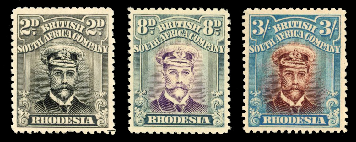 Rhodesia SG 255, h, m 1917-20 Head Die IIIA 2d, 8d, 3s mint