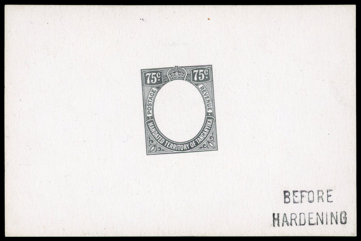 1927-31 75c De La Rue frame die proof in black on glazed card, undated and endorsed “BEFORE HARDENING” in black.