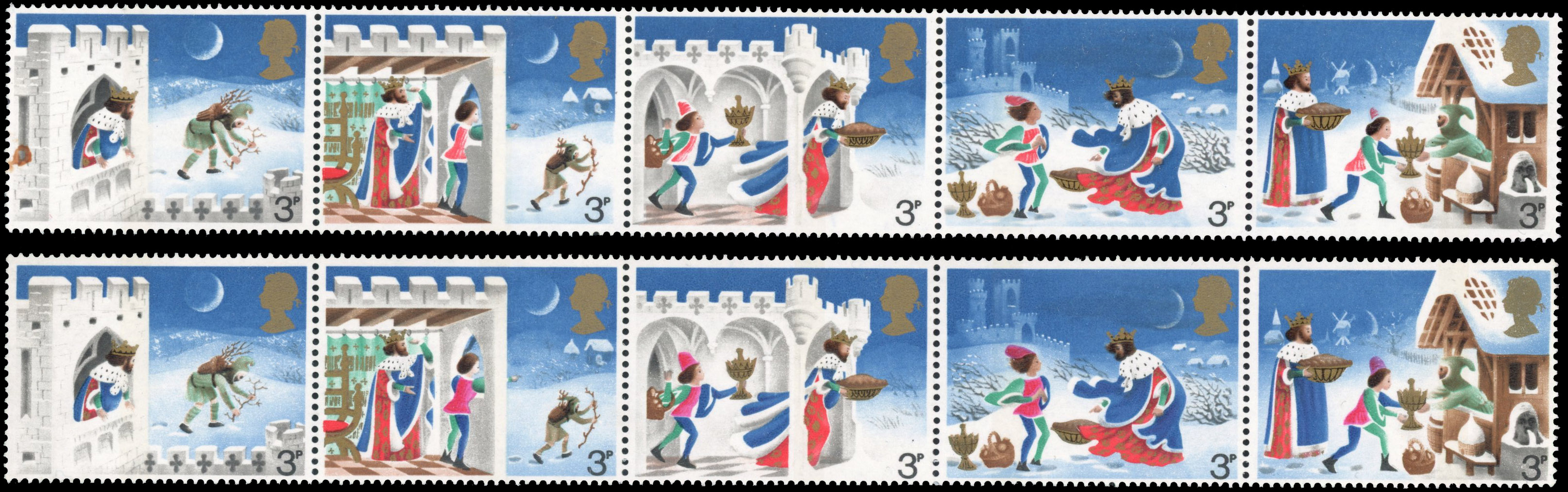 Great Britain 1973 3p Christmas strip of five with rosy-mauve omitted, SG 943ab