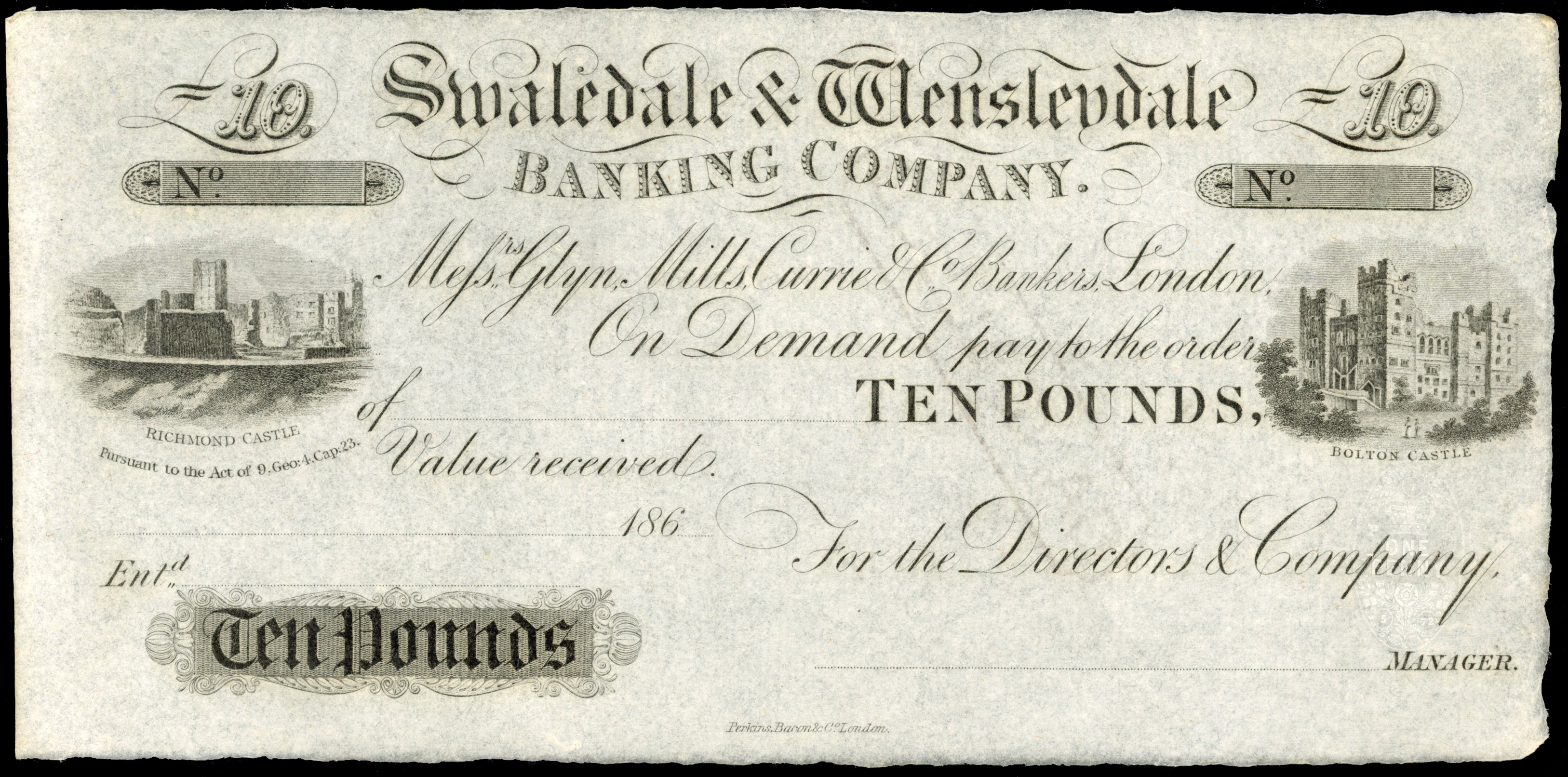 HAWES, Swaledale & Wensleydale Banking Company, Unissued £10.,186-, no signatures or serial numbers, vignettes…