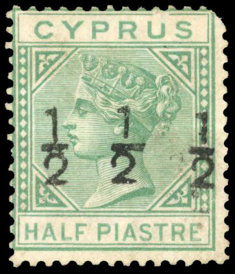 Cyprus SG 25a var 1882 ½ on ½pi emerald-green surcharge double
