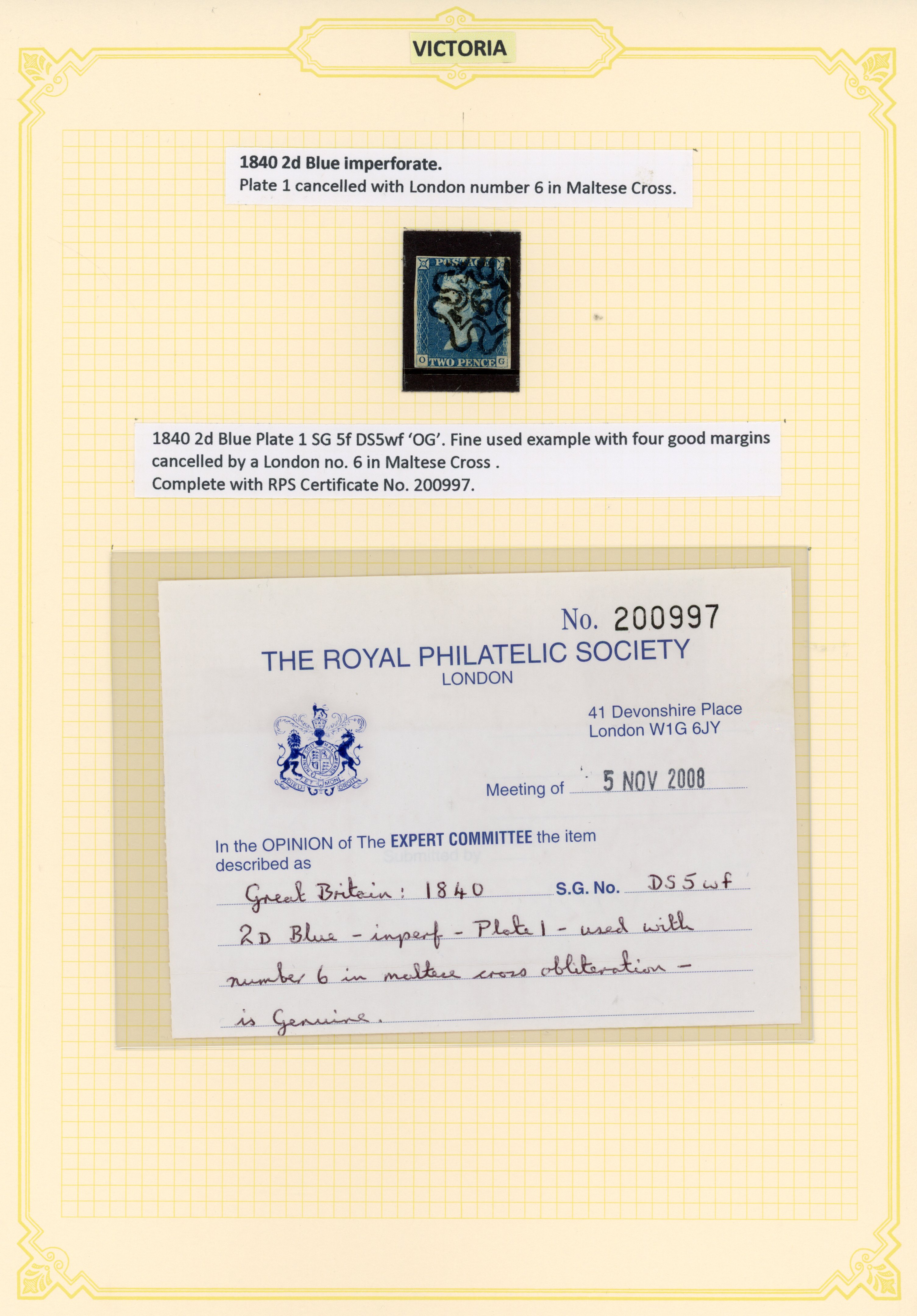 1840 2d blue, plate 1 (OG), with close to good margins, cancelled with ‘6’ in Maltese Cross