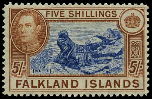 1950 5/- steel blue on buff-brown on thin...