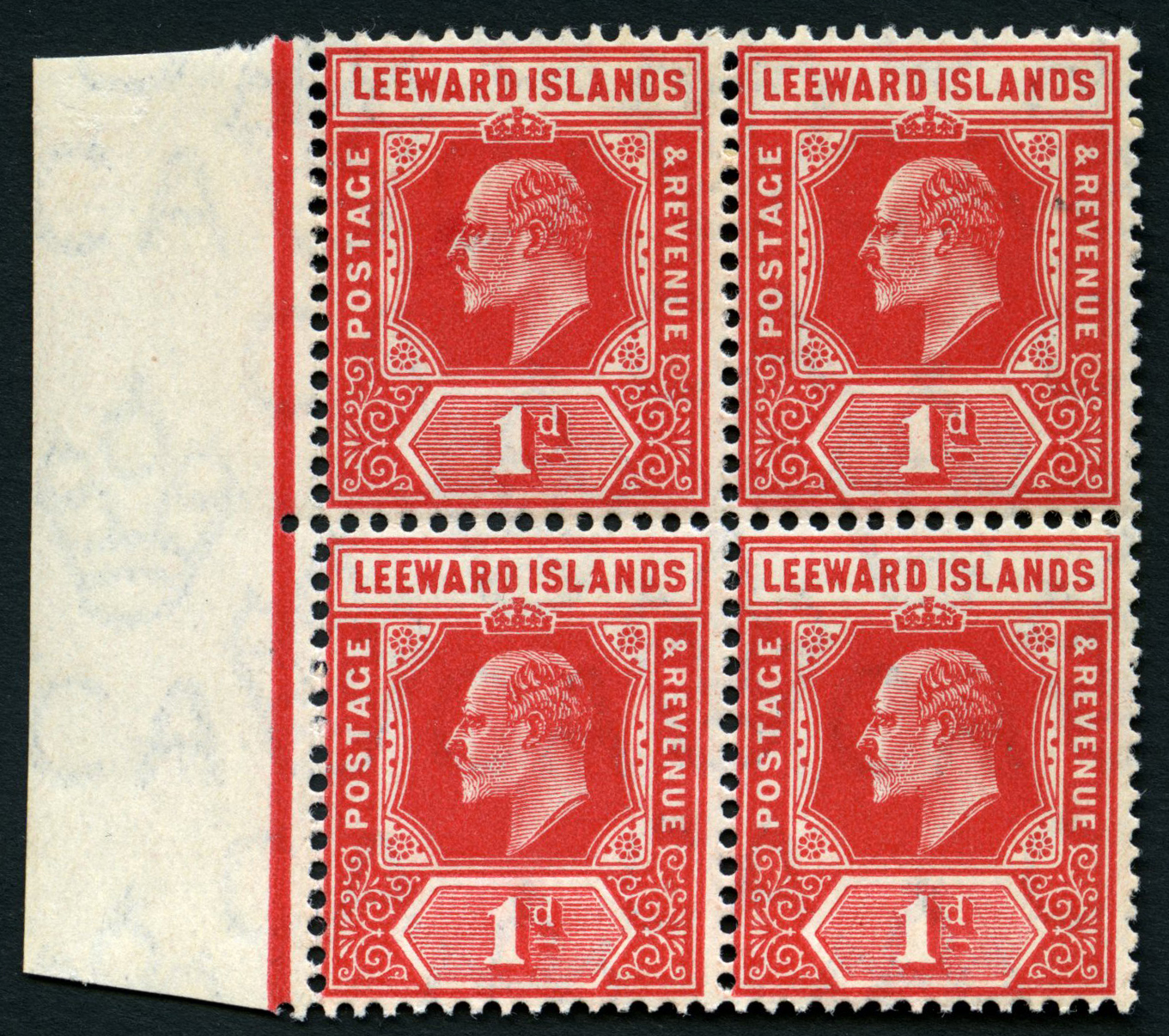 1907 1d bright red left marginal block of four, u/m. SG 38, cat...