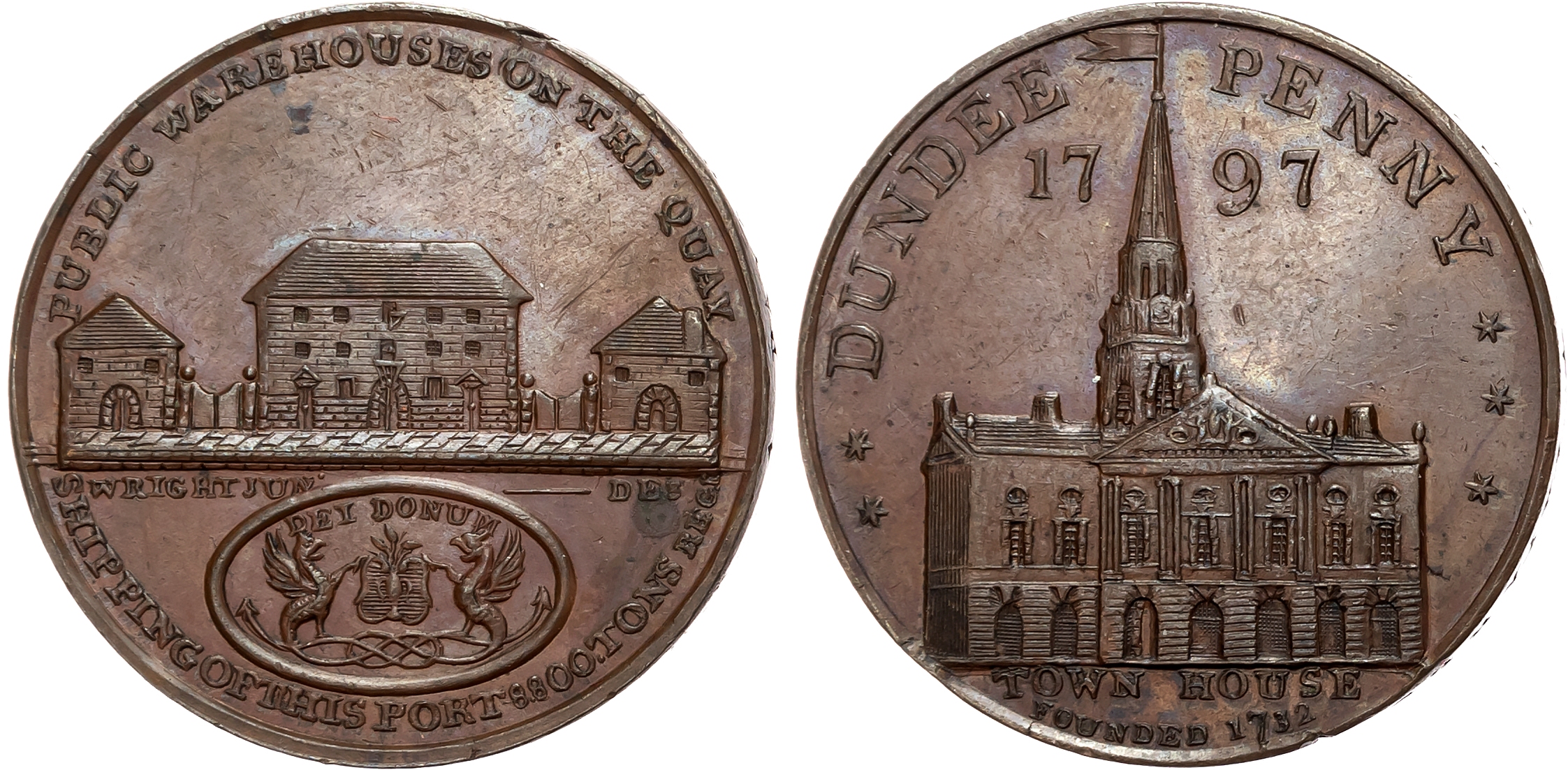 Angus. Dundee , Thomas Webster Jr., Wright’s Penny 1797, Quay warehouses above Dundee arms, rev . Frontal view of the To …