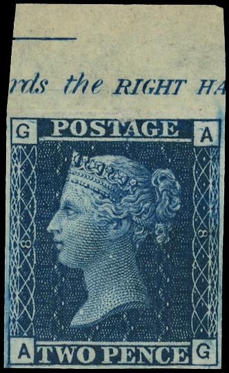 1858-69 2d blue Plate 8 (AG) imperforate imprimatur, top marginal with part...
