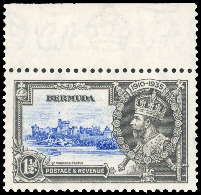 BERMUDA: 1935 1½d Silver Jubilee showing R1/5 ‘bird by turret’ variety, unmounted o.g. SG 95m £200
